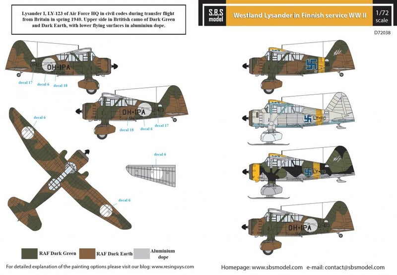 Siirtokuvat Westland Lysander in Finnish Service WW II (SBS Models 1/72)